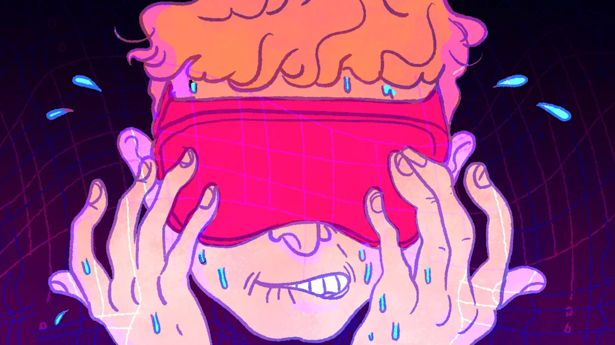 Blindfolded illustrated figure gripping a red VR headset